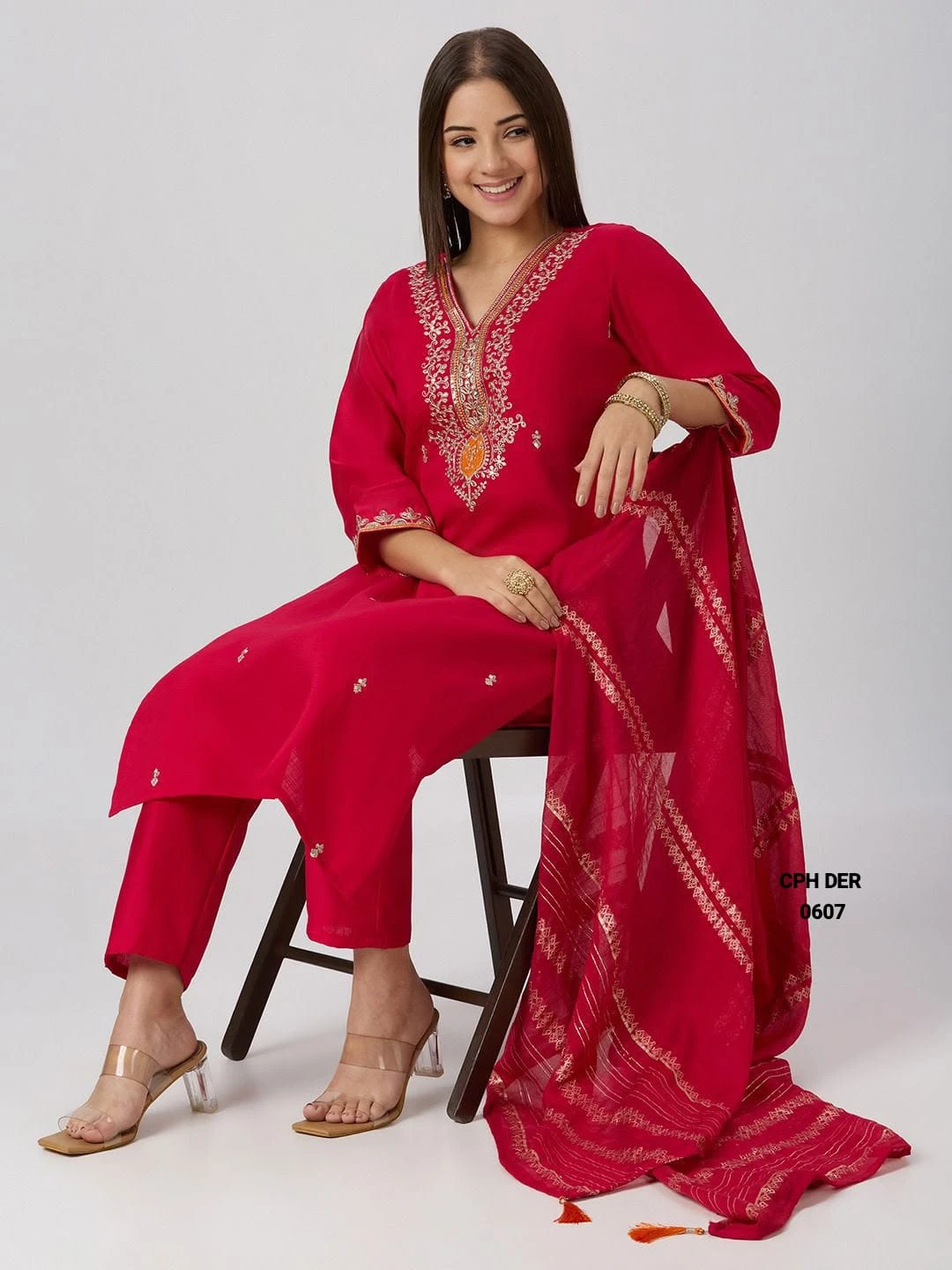 Crimson Red V-Neck Designers Kurti Pent Dupatta Salwar Suit